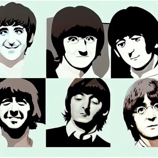 Prompt: the beatles, studio ghibli, john lennon, paul mccartney, george harrison, ringo starr