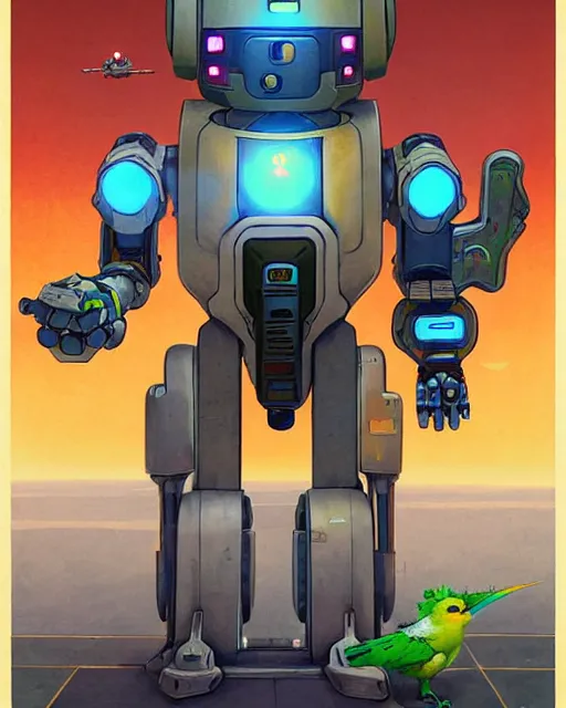 Image similar to bastion the friendly robot from overwatch, with his pet bird, character portrait, portrait, close up, concept art, intricate details, highly detailed, vintage sci - fi poster, retro future, in the style of chris foss, rodger dean, moebius, michael whelan, katsuhiro otomo, and gustave dore