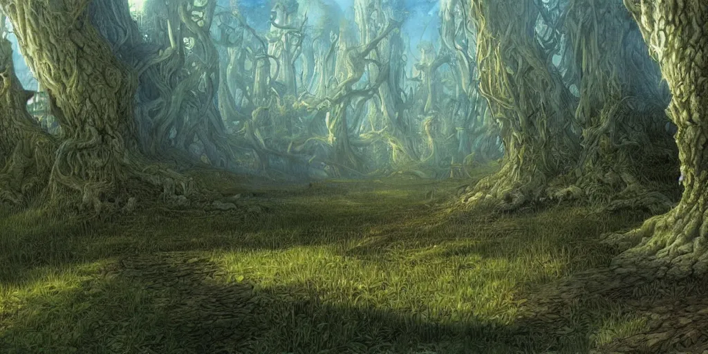 Image similar to Artwork by John Howe of the cinematic view of The Wood of Mirage, a Forest, within which can be found a mucid manor.