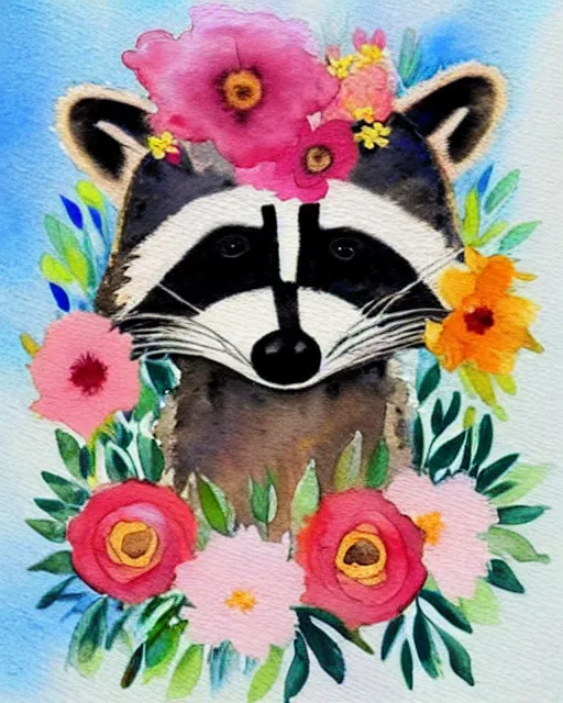 Prompt: a painting of a raccoon wearing a flower crown, a watercolor painting by annabel kidston, a storybook illustration, trending on pinterest, rococo, muted colors, soft, smooth, made of flowers, watercolor, whimsical, white paper, minimalist, simple
