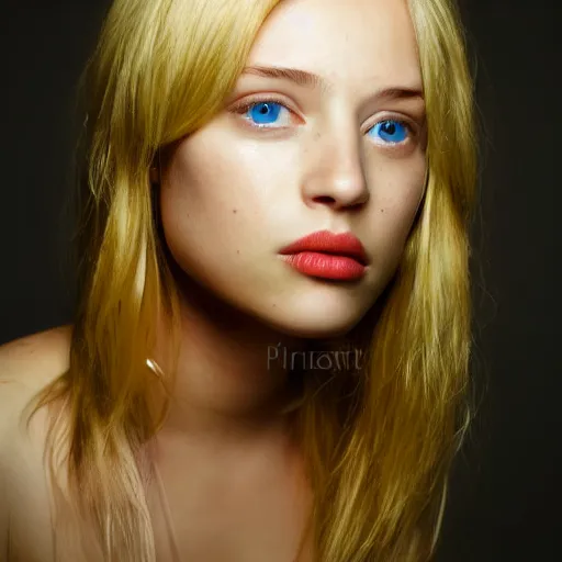 Prompt: portrait of blond girl who look like actor michael pitt green eyes hologram small lips