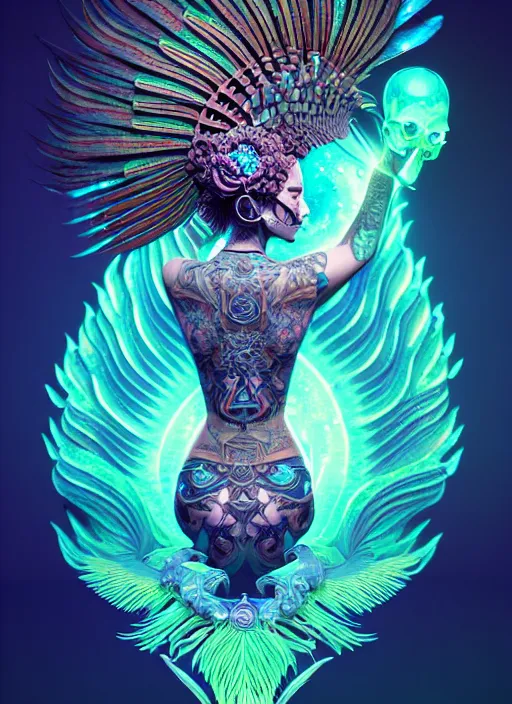 Image similar to 3 d goddess with tattoos profile portrait, sigma 5 0 0 mm f / 5. beautiful intricate highly detailed quetzalcoatl skull and feathers. bioluminescent, plasma, lava, ice, water, wind, creature, thunderstorm! artwork by tooth wu and wlop and beeple and greg rutkowski, 8 k trending on artstation,