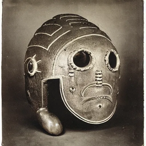 Image similar to photo portrait of precolumbian aztec astronaut helmet with fine detail engravings and runes cultist lord rich baron by Diane Arbus and Louis Daguerre