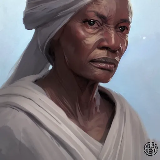 Image similar to portrait of a woman by greg rutkowski, old jedi master, afroamerican, wise and serene, star wars expanded universe, she is about 7 0 years old, wearing jedi robes.