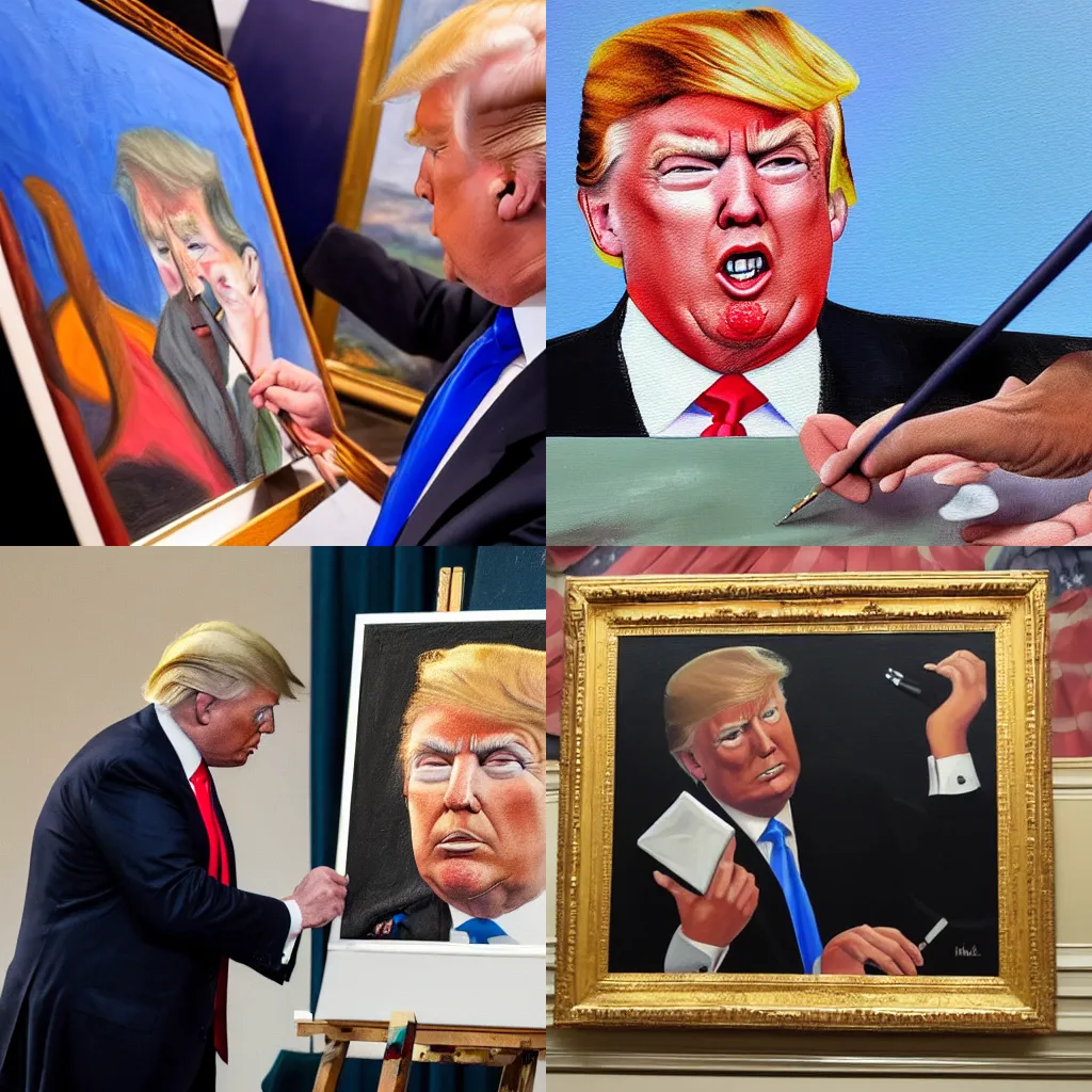 Prompt: donald trump painting a self portrait on the canvas