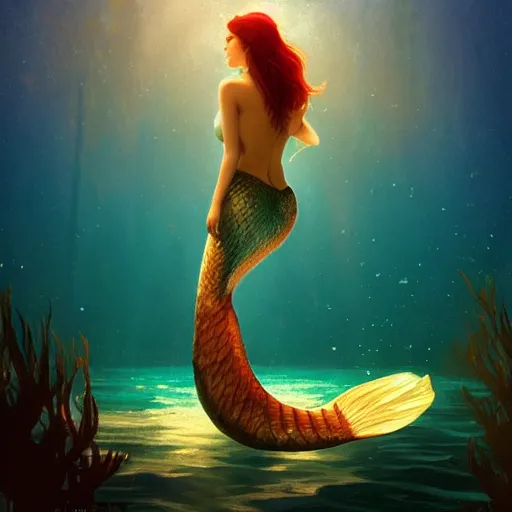 Image similar to a mermaid with a beautiful fin swimming underwater, cinematic lighting, soft bokeh, fantasy, modern, colourful, highly detailed, digital painting, artstation, deviantart, concept art, sharp focus, illustration, alphonse mucha, edward hopper