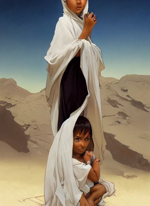 Prompt: a little black frog - child with no hair wearing a white robe, standing in the arabian desert, beautiful painting by artgerm and greg rutkowski and alphonse mucha