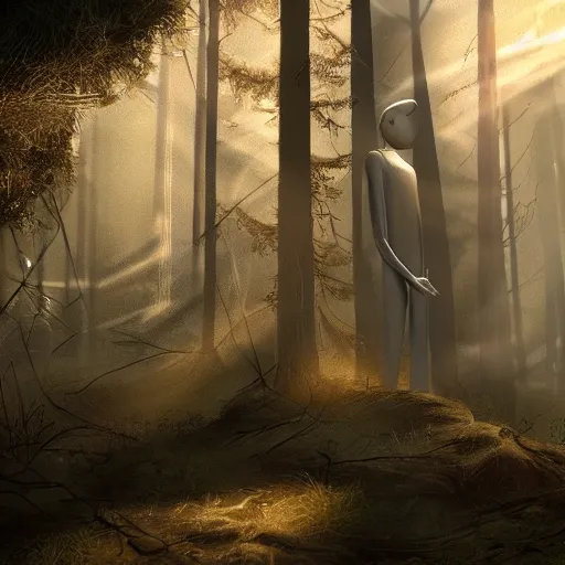 Prompt: photorealistic Slenderman in the woods, dynamic lighting, ultra realistic, trending on art station, ray tracing, sun rays