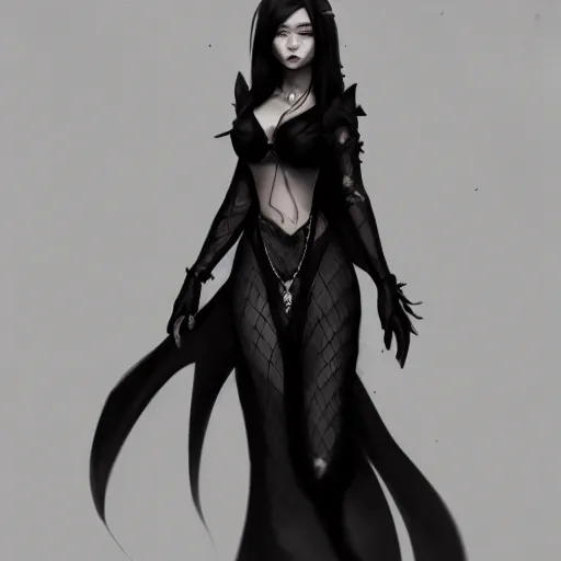Image similar to a drawing of a woman in a black outfit, concept art by lu ji, cgsociety contest winner, fantasy art, concept art, artstation hd, 2 d game art, game character sheet