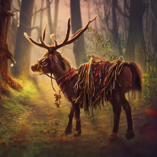 Image similar to hippie tribal hobo wearing twigs and leaves smiling sheepishly, riding tiny scuffy donkey with novelty oversized antlers, autumn forest, highly detailed, dramatic lighting, night time, cinematic, hyperrealistic, detailed, movie still from game of thrones