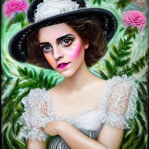 Image similar to big eyes full body fashion model emma watson smokey eyes makeup eye shadow textured film grain oil on canvas fantasy, glow, shimmer as victorian woman in a long white frilly lace dress and a large white hat having tea in a sunroom filled with flowers, roses and lush fern flowers ,intricate, night, highly detailed, dramatic lighting , high quality