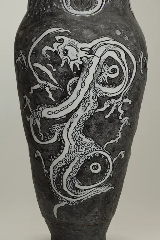 Image similar to A greek amphora with Cthulhu drawings on it, outstanding, high quality, highly detailed, award-winning