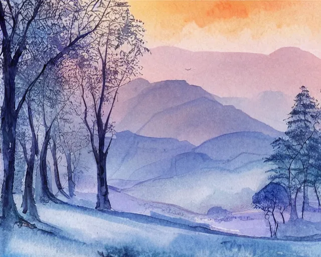 Prompt: countryside in china, winter, trees, mountains, watercolor-wash