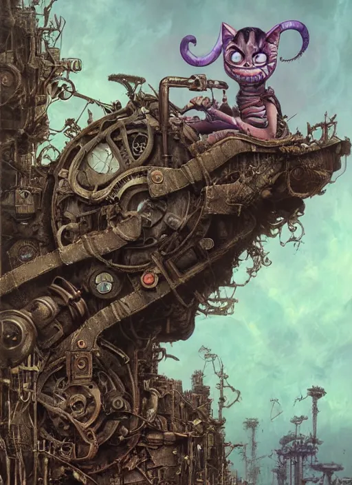 Prompt: cheshire cat, dieselpunk style, highly detailed, cinematic, 8 k, by megan duncanson, benjamin lacombe, adrian borda, stanley artgermm, tom bagshaw, craig mullins, carne griffiths, ayami kojima, beksinski, giger, trending on deviantart, hyper detailed, horror, full of colour