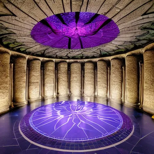 Prompt: a huge underground cavern with vast pillars, a tiled art nouveau floor, with a pedestal in the centre containing a massive faceted purple jewel surrounded by tendrils of magic shadow floating on top, by james gurney, geoff taylor,