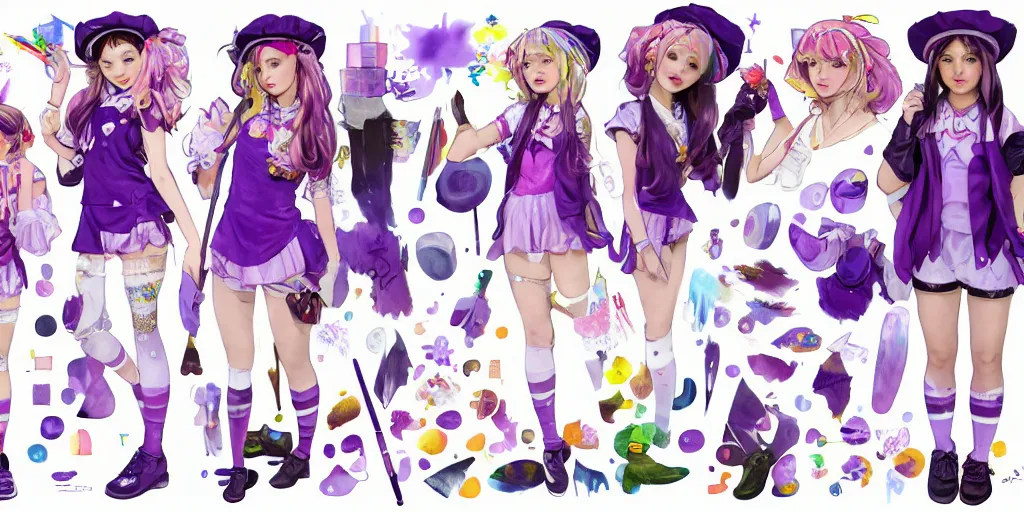 Image similar to A character sheet of a magical girl holding a paintbrush with short blond hair and freckles wearing an oversized purple Beret, Purple overall shorts, jester shoes, and white leggings covered in stars. Rainbow accents on outfit. Concept Art painting. By WLOP. By Artgerm. By Alphonse Mucha. Decora. harajuku fashion. Cosplay. E-Girl