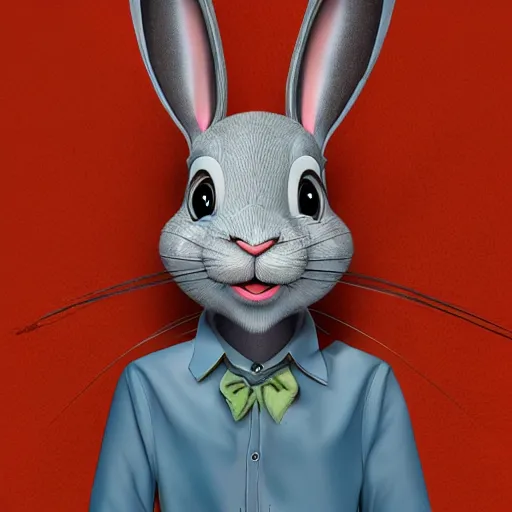 Image similar to A extremely highly detailed majestic hi-res beautiful, highly detailed portrait of a scary terrifying creepy cartoon rabbit standing up wearing pants and a shirt in the style of Walt Disney animation, high textures, hyper sharp, 8k, insanely detailed and intricate