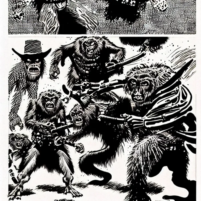 Image similar to sergio toppi art style, futuristic cowboys fighting apes