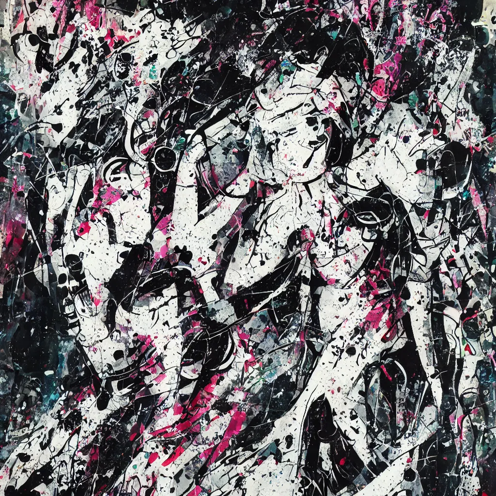 Image similar to girl figure, abstract, jet set radio artwork, ryuta ueda artwork, cryptic, rips, spots, asymmetry, stipple, lines, splotch, color tearing, pitch bending, stripes, dark, ominous, eerie, hearts, minimal, points, technical, old painting, natsumi mukai artwrok, folds