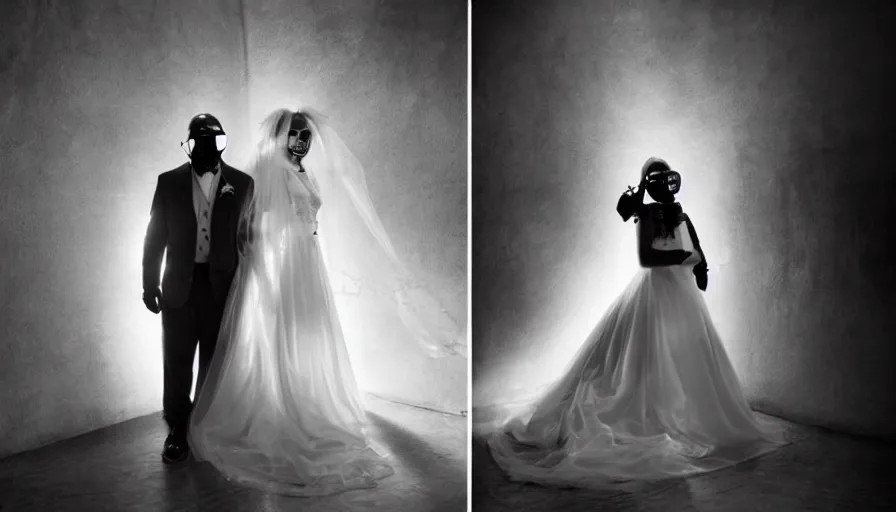 Prompt: disturbing big budget hollywood movie bride and groom wearing gas masks at the marriage of reason and squalor perfect composition dramatic lighting chiaroscuro