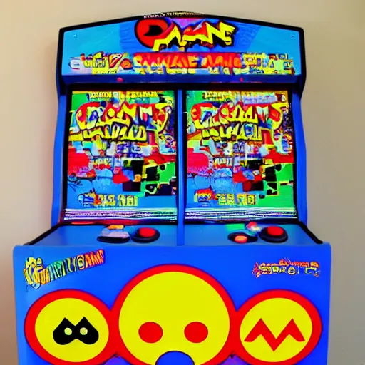 Prompt: pac - man game cabinet in the style of anime, over head view, pac - man colors. anime characters, ghosts, dots