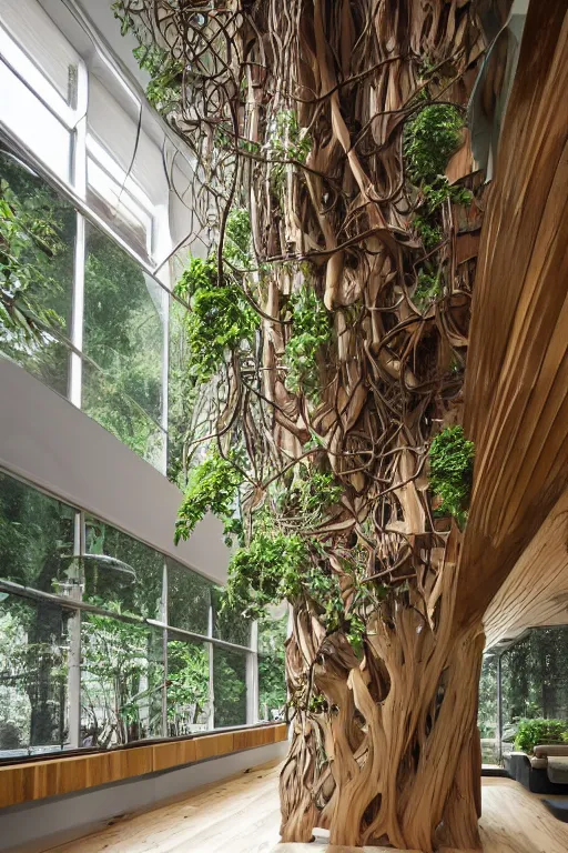 Image similar to urban atriums hyperdetailed hyperrealistic tree house, roots growing from bottom to ceiling, wooden modern decoration