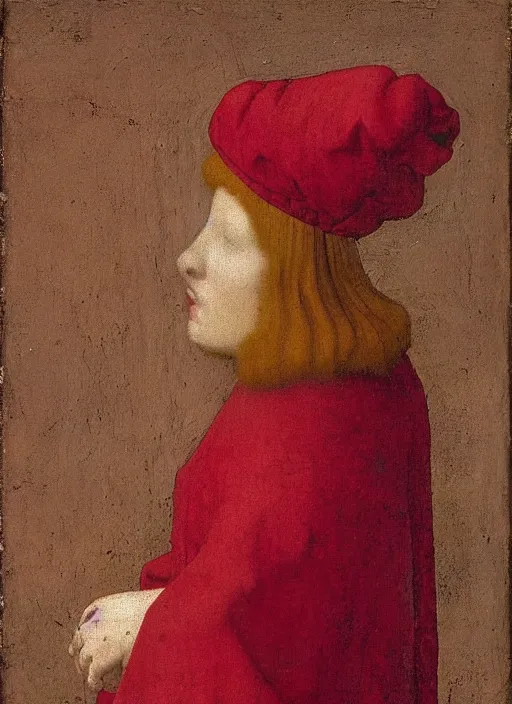 Image similar to Profile of Fallen Angel dressed in red, Medieval painting by Jan van Eyck, Johannes Vermeer, Florence