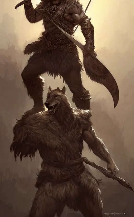 Prompt: full body portrait of a gruff ranger with a spear, wolf companion, lean muscular, handsome face, hairy body, D&D, fantasy, intricate, elegant, highly detailed, digital painting, artstation, concept art, matte, sharp focus, illustration, art by Artgerm and Greg Rutkowski and Alphonse Mucha