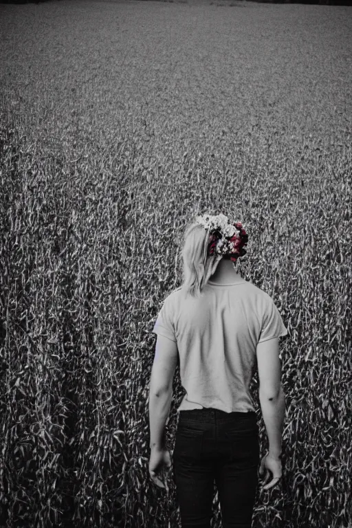 Prompt: agfa vista 4 0 0 photograph of a skinny blonde guy standing in a dark cornfield, flower crown, back view, grain, moody lighting, moody vibe, telephoto, 9 0 s vibe, blurry background, vaporwave colors!, faded!,