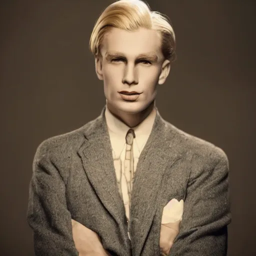 Prompt: a close - up photography of a blond male! actor from the 1 9 3 0 s. high cheekbones. good bone structure. dressed in 1 9 4 0 s style. butterfly lightning. key light sculpting the cheekbones. old hollywood glamour.