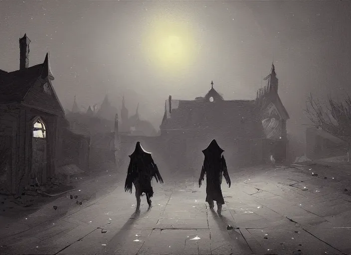 Image similar to A hooded figure approaches an abandoned tavern on a moonlit night, Ismail Inceoglu and Marius Borgeaud