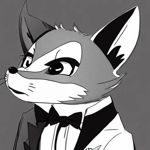 Image similar to official manga line art of a closeup of an anthropomorphic furry male fox wearing a fancy tuxedo, handsome eyes and smile, studio anime line art