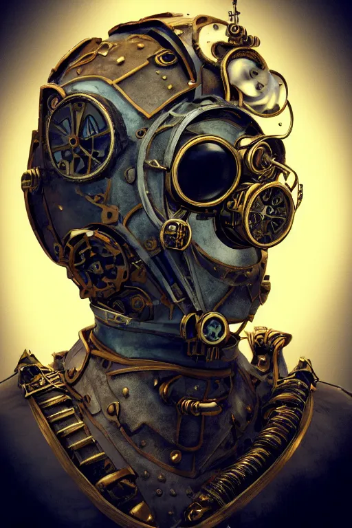 Image similar to steampunk mask minimalist fantasy art robot ninja helmet, global illumination ray tracing hdr fanart arstation by sung choi and eric pfeiffer and gabriel garza and casper konefal radiating a glowing aura