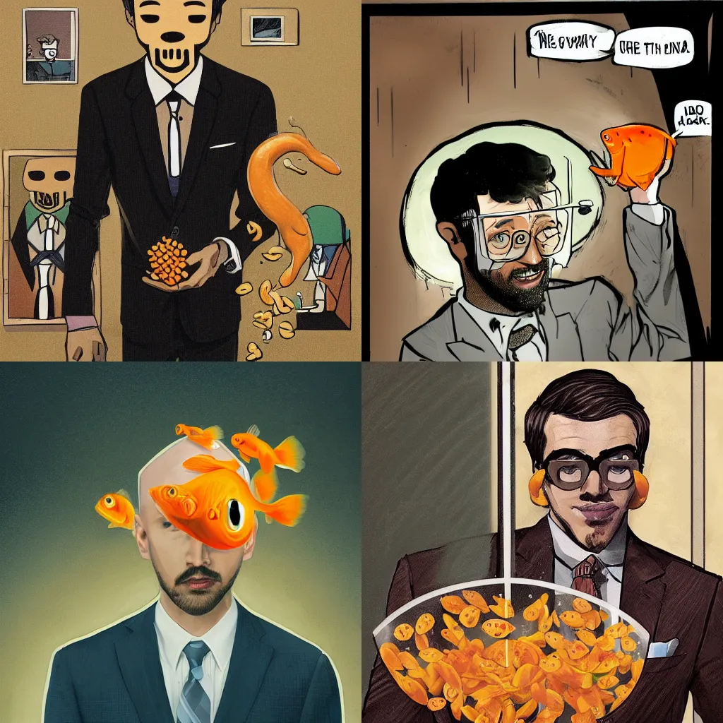 Prompt: man in a suit with goldfish bowl as a head, A.J. Carmichael, umbrella academy