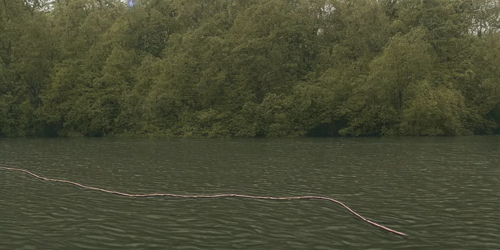 Image similar to a infinitely long rope zig - zagging across the surface of the water into the distance, rope floating submerged rope stretching out towards the center of the lake, a dark lake on a cloudy day, atmospheric, color film, trees in the background, hyper - detailed photo, anamorphic lens