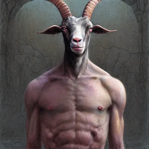 Image similar to vladimir putin, anthropomorphic goat transformation putin, putin hybrid, macabre, horror, by donato giancola and greg rutkowski and wayne barlow and zdzisław beksinski, digital art