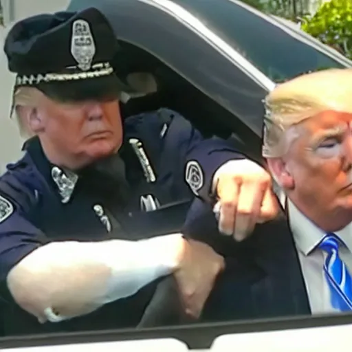 Image similar to Newscast still of Donald Trump being handcuffed and arrested and put into a cop car at mar-a-lago