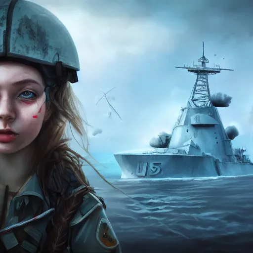 Image similar to ukrainian girl with ukrainian flag near big ruined warship, trying to survive, everywhere, concept art, trending on artstation, highly detailed, intricate, sharp focus, digital art, 8 k