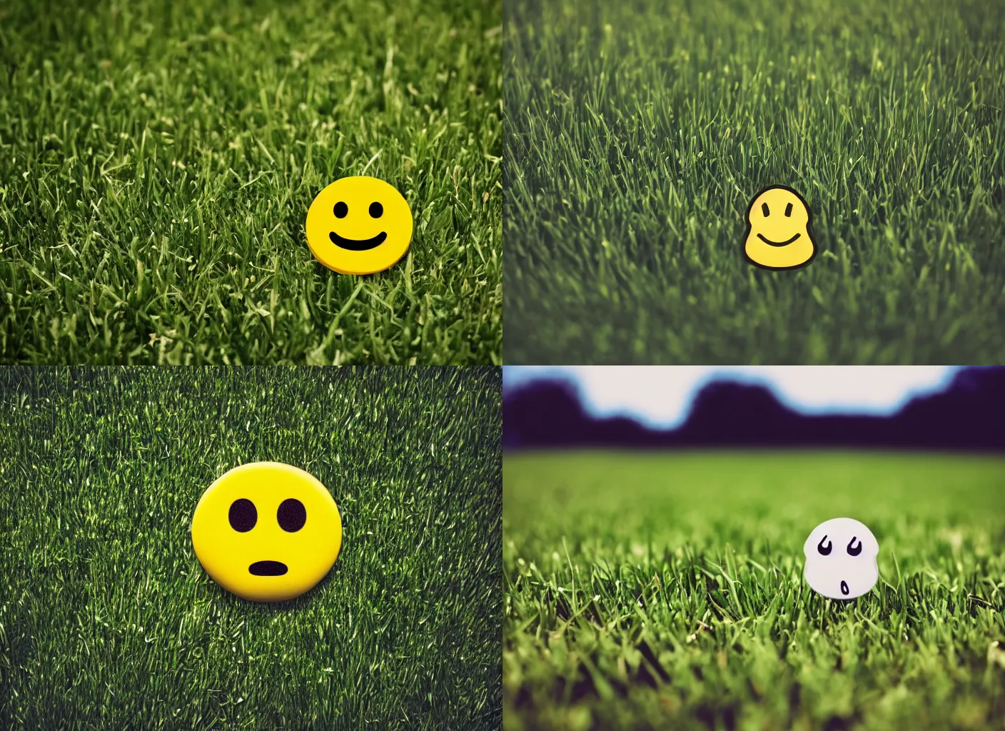 Prompt: a drawing of a lonely frowning emoji on grass field, photograph, realistic, bokeh, high - resolution, cinematic