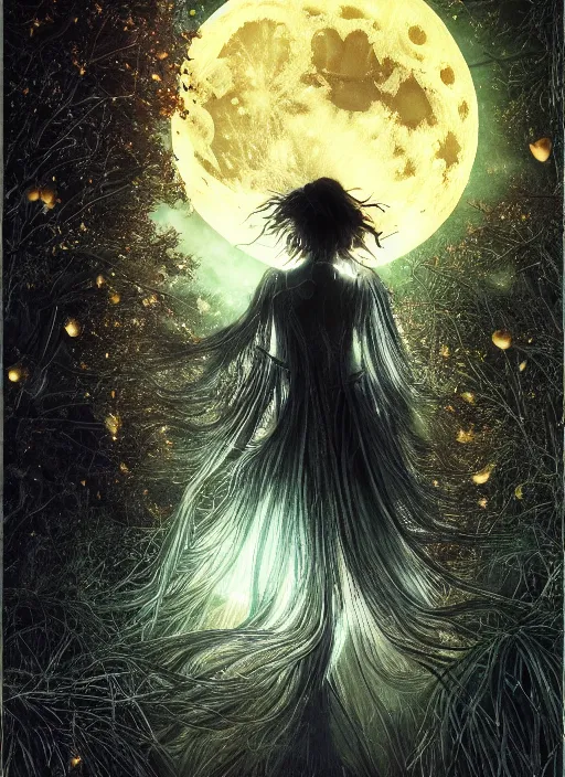 Image similar to glowing silver and golden elements, full close-up portrait, A beautiful dark witch in front of the full big moon, book cover, green forest, red white black colors, establishing shot, extremly high detail, foto realistic, cinematic lighting, pen and ink, intricate line drawings, by Yoshitaka Amano, Ruan Jia, Kentaro Miura, Artgerm, post processed, concept art, artstation, matte painting, style by eddie, raphael lacoste, alex ross