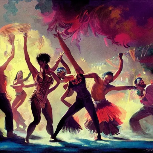 Image similar to latin dance band saturated colors, cinematic, vallejo, frazetta, greg rutkowski, rowena morrill, juan gimenez