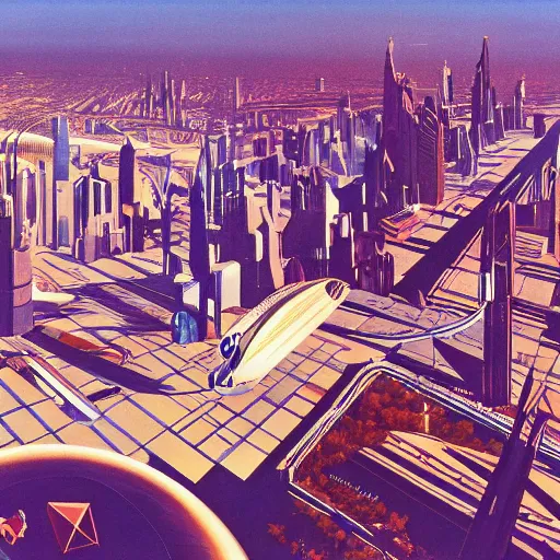 Image similar to aerial view of a science-fiction cityscape, cinematic angle, cinematic lighting, blue sky, sun in the sky, by Syd Mead, John Harris, Federico Pelat