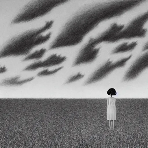 Prompt: cgi, monumental manga by chris van allsburg, by jennifer rubell. a art installation of a woman standing in a field of ashes, her dress billowing in the wind. her hair is wild & her eyes are closed, in a trance - like state. dark & atmospheric, ashes seem to be alive, swirling around.