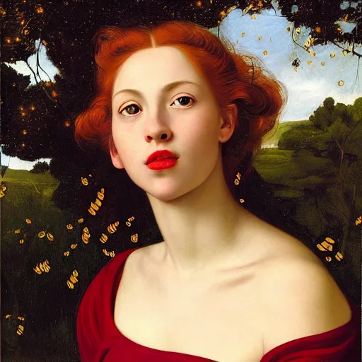 Prompt: portrait of a young woman, among the lights of golden fireflies and nature, long loose red hair, intricate details, deep green eyes, hint of freckles, round gentle face, cheeky smile with red lips, deep focus, smooth, sharp, golden ratio, hyper realistic art by artemisia lomi gentileschi and caravaggio and artgerm