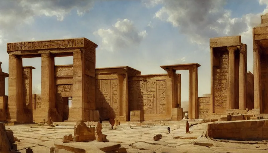 Image similar to beautiful landscape oil matte painting, of ancient mesopotamia statues, the ishtar gate, the white temple and great ziggurat of uruk art by anders zorn, wonderful masterpiece by greg rutkowski, beautiful cinematic light, thomas lawrence, greg rutkowski