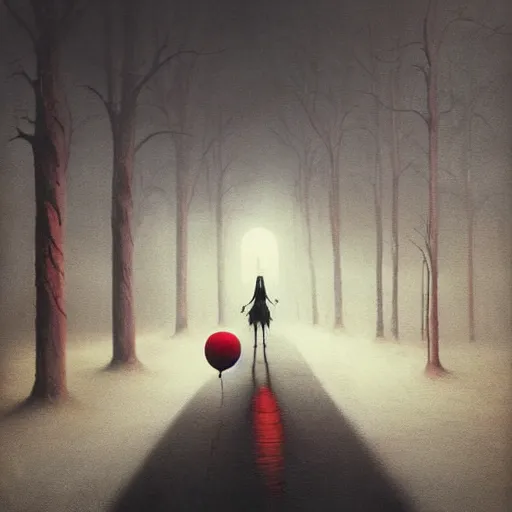 Image similar to grunge painting of an empty road with a wide smile and a red balloon by Zdzisław Beksiński, loony toons style, pennywise style, corpse bride style, creepy lighting, horror theme, detailed, elegant, intricate, conceptual, volumetric light