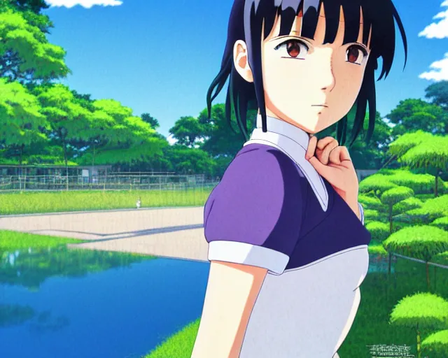 Image similar to hinata hyuga, park in background, bokeh. anime masterpiece by Studio Ghibli. illustration, sharp high-quality anime illustration in style of Ghibli, Ilya Kuvshinov, Artgerm