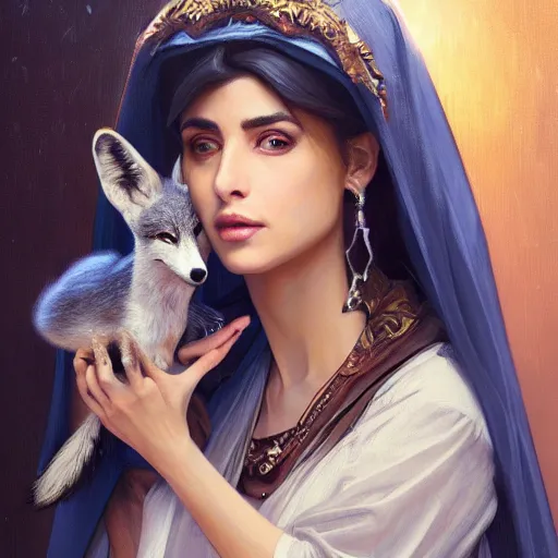 Image similar to a Photorealistic dramatic hyperrealistic render of an arab ameera al taweel, blue eyes, black hair, with a pet fox white veil,by WLOP,Artgerm,Greg Rutkowski,Alphonse Mucha, Beautiful dynamic dramatic dark moody lighting,shadows,cinematic atmosphere,Artstation,concept design art,Octane render,8K