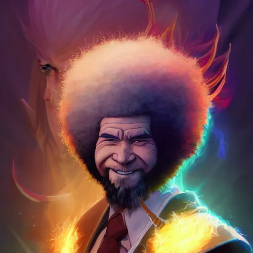 Prompt: anime portrait of Bob Ross as a shaman yedi using dark force to eliminate trump as an anime antagonist by Stanley Artgerm Lau, WLOP, Rossdraws, James Jean, Andrei Riabovitchev, Marc Simonetti, and Sakimichan, trending on artstation