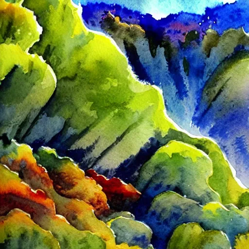 Image similar to detailed watercolor of a lush natural scene on an alien planet by stephen quiller. beautiful landscape. weird colourful vegetation. cliffs and water.